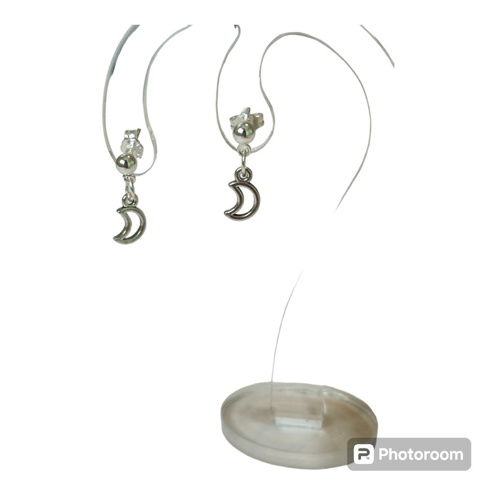 925 sterling silver plated small tiny ball stud half moon charm earrings - Picture 2 of 4